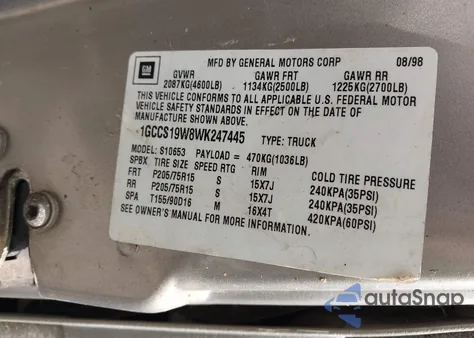 1998 Chevrolet S-10 Ls Fleetside из США, поврежденный, VIN 1GCCS19W8WK247445